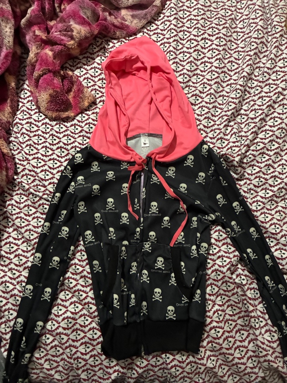 Black Hoodie with Skulls size 0 Pink Hood
